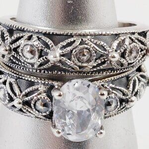 RJ 925 Silver Open Cut Filigree Floral CZ Wedding Band Ring Set Sz 6